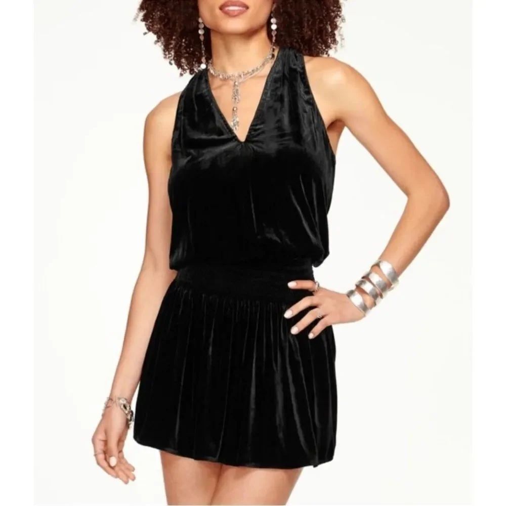 Ramy Brook Black Velvet Gerry Ruched Waist Mini Dress